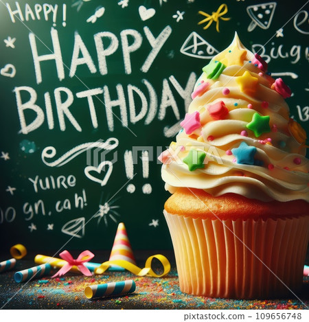 Birthday cupcake in front of a chalkboard. words HAPPY BIRTDAY!!! on chalk board. 109656748