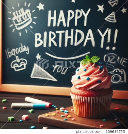 Birthday cupcake in front of a chalkboard. words HAPPY BIRTDAY!!! on chalk board. 109656755