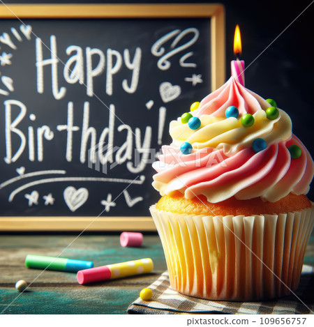 Birthday cupcake in front of a chalkboard. words HAPPY BIRTDAY!!! on chalk board. 109656757