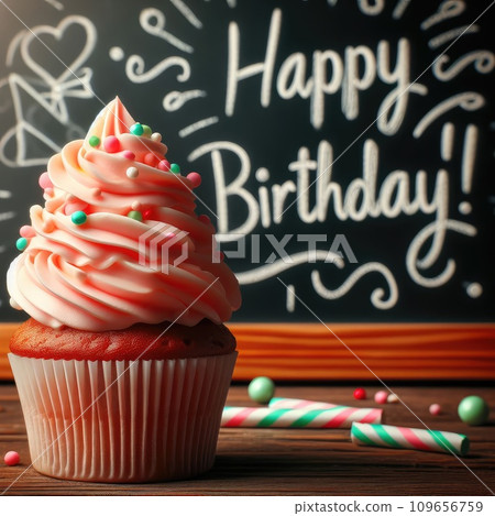 Birthday cupcake in front of a chalkboard. words HAPPY BIRTDAY!!! on chalk board. Birthday cupcake in front of a chalkboard. words HAPPY BIRTDAY!!! on chalk board. 109656759