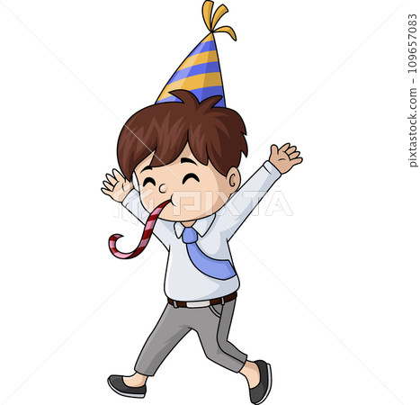 Cute little boy cartoon celebrating with party horn Cute little boy cartoon celebrating with party horn 109657083