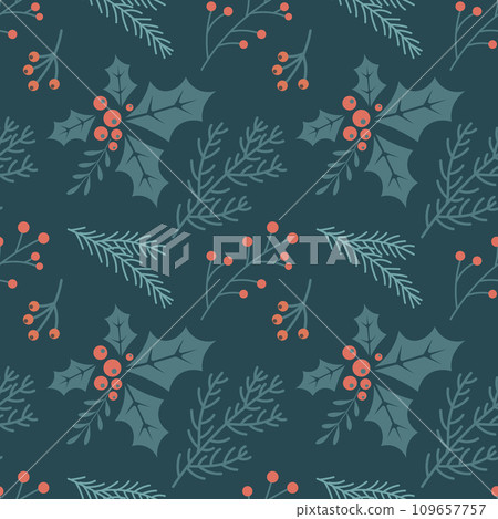 Christmas seamless pattern with Christmas tree branches and holly and rowan berries. New Year's design. Background, print, vector 109657757