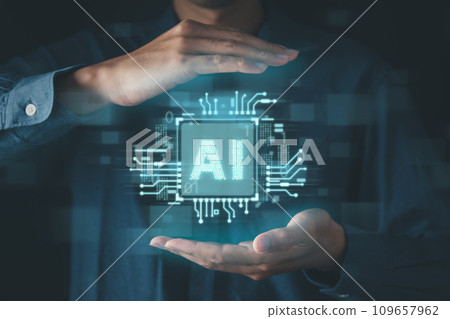 AI robotic Artificial Intelligence, businessman using AI chatbot for conversation with human. Futuristic technology and digital communication concept. AI robotic Artificial Intelligence, businessman using AI chatbot for conversation with human. Futuristic technology and digital communication concept. 109657962