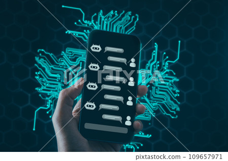 AI robotic Artificial Intelligence, businessman input prompt to AI chatbot for conversation with human. Futuristic technology and digital communication concept. AI robotic Artificial Intelligence, businessman input prompt to AI chatbot for conversation with human. Futuristic technology and digital communication concept. 109657971