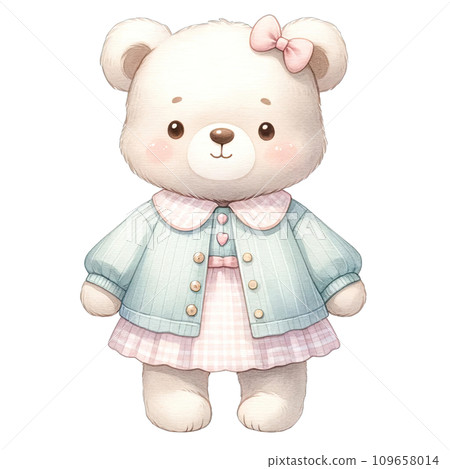 Watercolor toddler girl bear wearing cute pink pastel dress 109658014