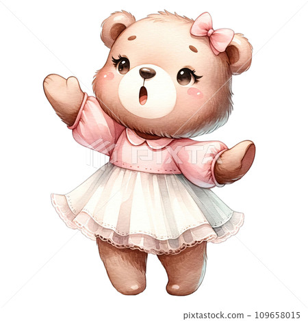 Watercolor toddler girl bear wearing cute pink pastel dress 109658015