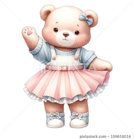 Watercolor toddler girl bear wearing cute pink pastel dress 109658016