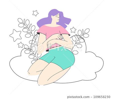 Dreaming Woman Character Sit on Cloud with Flora Having Fancy Imagination Vector Illustration 109658230