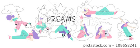 Dreaming People Characters with Their Head in Clouds Having Fancy Imagination Vector Illustration Dreaming People Characters with Their Head in Clouds Having Fancy Imagination Vector Illustration 109658241