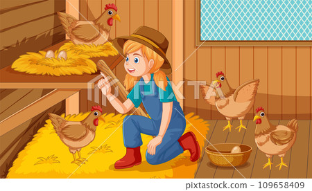 Cheerful farm girl collecting eggs in chicken house 109658409