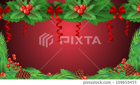 Festive Green and Red Christmas Background with Holly 109658455