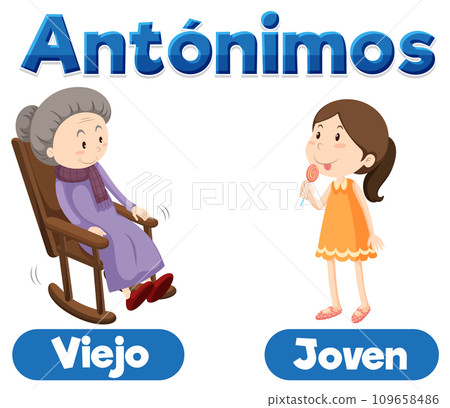 Viejo and Joven: Antonym Word Card in Spanish means old and young 109658486