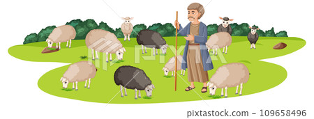 Shepherd Villager Tending a Flock in Scenic Landscape 109658496