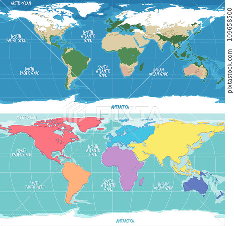 Physical World Map and Continents Cartoon Illustration 109658500