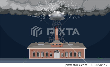 Nikola Tesla's Magnifying Transmitter Experiment: A Vector Cartoon Nikola Tesla's Magnifying Transmitter Experiment: A Vector Cartoon 109658547