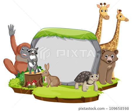 Wild Animals Gather Around Empty Stone Banner 109658598