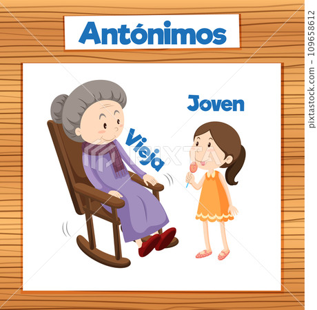 Vieja and Joven: Spanish Word Card with Antonyms means old and young Vieja and Joven: Spanish Word Card with Antonyms means old and young 109658612