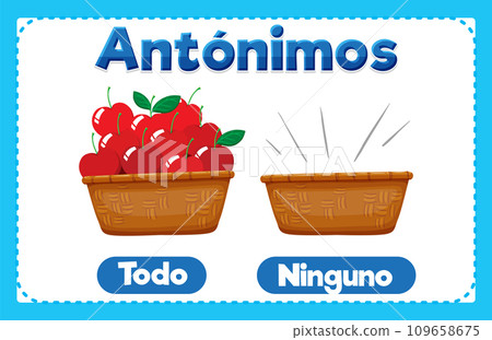 Todo and Ninguno: Antonym Word Card in Spanish means all and none 109658675