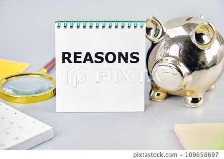 REASONS A word, a text written on a notebook next to a piggy bank, a magnifying glass, a calculator, stickers REASONS A word, a text written on a notebook next to a piggy bank, a magnifying glass, a calculator, stickers 109658697