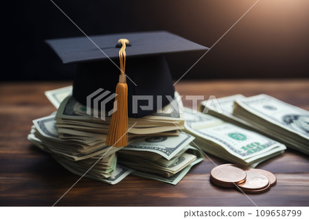 AI-generated content. Cost of education concept - graduate hat on glass jar of with coins. Scholarship concept AI-generated content. Cost of education concept - graduate hat on glass jar of with coins. Scholarship concept 109658799
