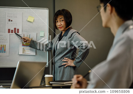 Serious senior businesswoman standing in front of flip chart explaining task at meeting. 109658806