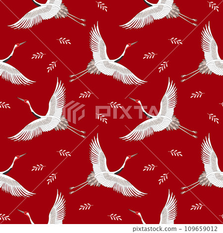 Seamless pattern, white flying cranes, storks on a red background. Abstract background, textile, wallpaper, vector Seamless pattern, white flying cranes, storks on a red background. Abstract background, textile, wallpaper, vector 109659012