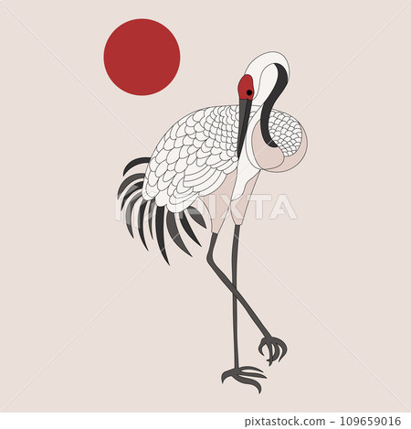 White crane, stork on a background with the moon. Retro style poster, postcard, vector White crane, stork on a background with the moon. Retro style poster, postcard, vector 109659016