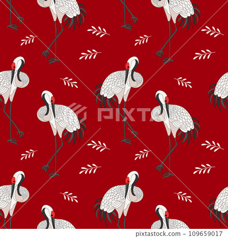 Seamless pattern, white flying cranes, storks on a red background. Abstract background, textile, wallpaper, vector Seamless pattern, white flying cranes, storks on a red background. Abstract background, textile, wallpaper, vector 109659017
