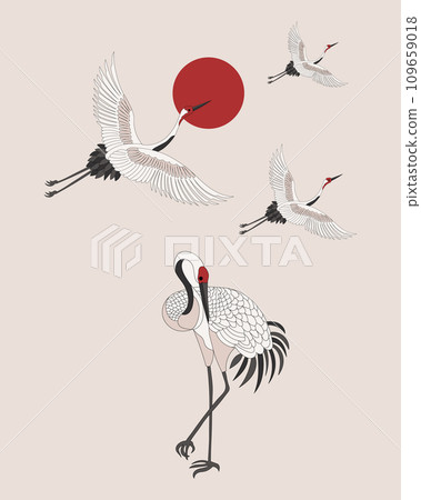 White flying cranes, storks in the sky with the moon. Retro style poster, postcard, vector 109659018