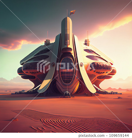AI-generated content. Huge futuristic spaceport on some planet. AI creative illustration 109659144