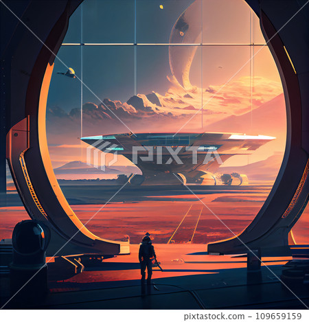 AI-generated content. Huge futuristic spaceport on some planet. AI creative illustration 109659159