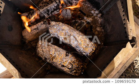Roast sweet potatoes over a bonfire 109659170