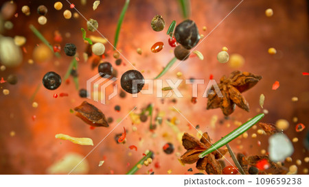 Freeze Motion Shot of Flying Various Spices, Macro 109659238