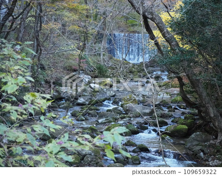 River with moss-covered rocks in Hananuki Valley 109659322