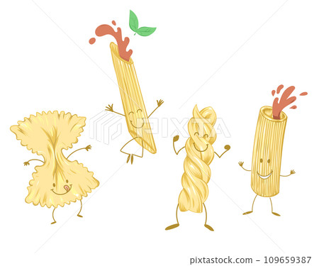 Cartoon pasta characters, happy italian macaroni food. vector illustration 109659387