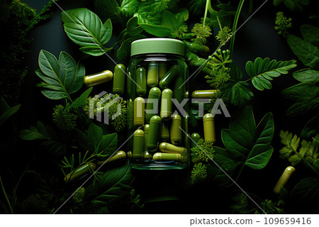 Moringa capsules in a glass jar surrounded by green leaves, top view. Biological food additive Moringa capsules in a glass jar surrounded by green leaves, top view. Biological food additive 109659416
