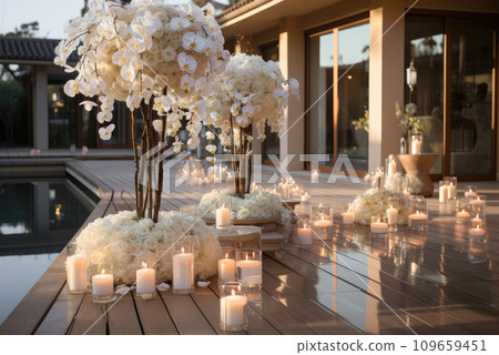 Wedding decoration of the villa's outdoor terrace with candles and white flowers Wedding decoration of the villa's outdoor terrace with candles and white flowers 109659451