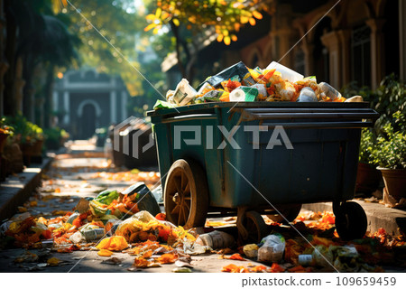 Overflowing garbage cans and rubbish lying around. The concept of environmental pollution 109659459