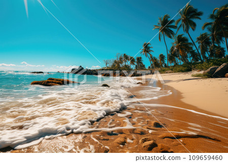 Sandy beach with palm trees and waves on a sunny day by the sea or ocean. Summer holidays 109659460
