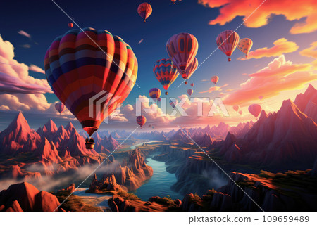 Colorful bright balloons in the sky over the mountains Colorful bright balloons in the sky over the mountains 109659489