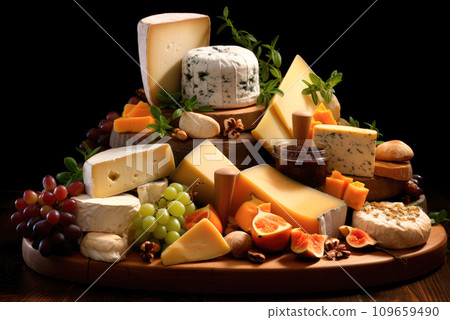 Different types, assorted cheeses on a wooden board Different types, assorted cheeses on a wooden board 109659490