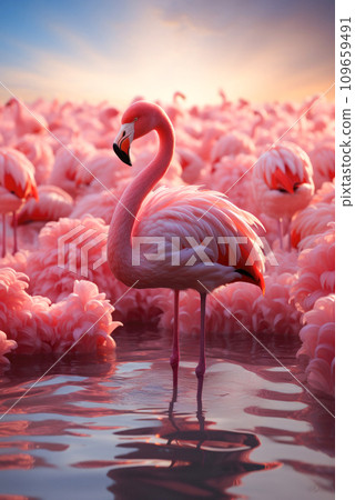 Pink flamingo stands in the water at sunset 109659491