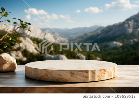 Marble glossy podium or stage for the display and demonstration of goods or cosmetics against the backdrop of a mountain landscape. Eco-friendly natural brand showcase template, layout with a place to 109659512