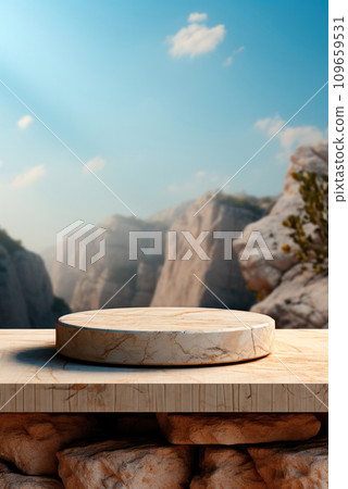 Cylindrical stone podium for presentation and display of goods against the background of mountains 109659531