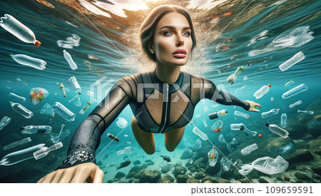 Underwater pollution crisis, woman among ocean garbage, environmental pollution problem. Generative AI. 109659591