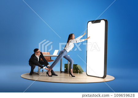 New opportunities. Man holding smiling woman running into giant 3D model of phone with empty screen over blue background. 109659628