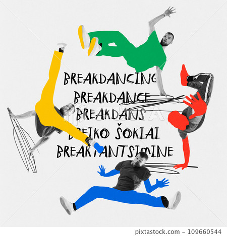 Man, breakdancer dancing over white background with text and colorful elements. Contemporary art collage. 109660544