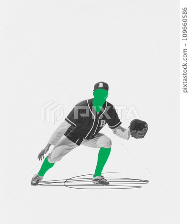 Poster. Contemporary art collage. Green silhouette in black and white uniform of professional baseball player. 109660586