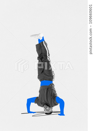 Poster. Contemporary art collage. Young man professional hip hop, breakdancer with blue body stands on head. Twist. 109660601