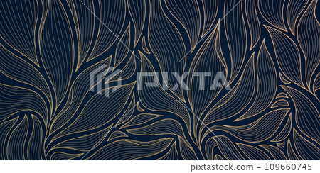 Vector art deco line pattern, luxury abstract leaves texture, golden floral wallpaper. Elegant palm ornament, japanese style Vector art deco line pattern, luxury abstract leaves texture, golden floral wallpaper. Elegant palm ornament, japanese style 109660745